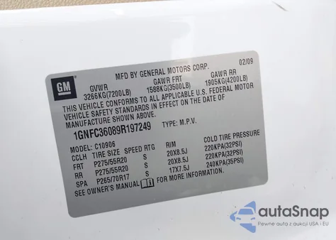 2009 Chevrolet Suburban 1500 Ltz z USA, uszkodzony, nr VIN 1GNFC36089R197249